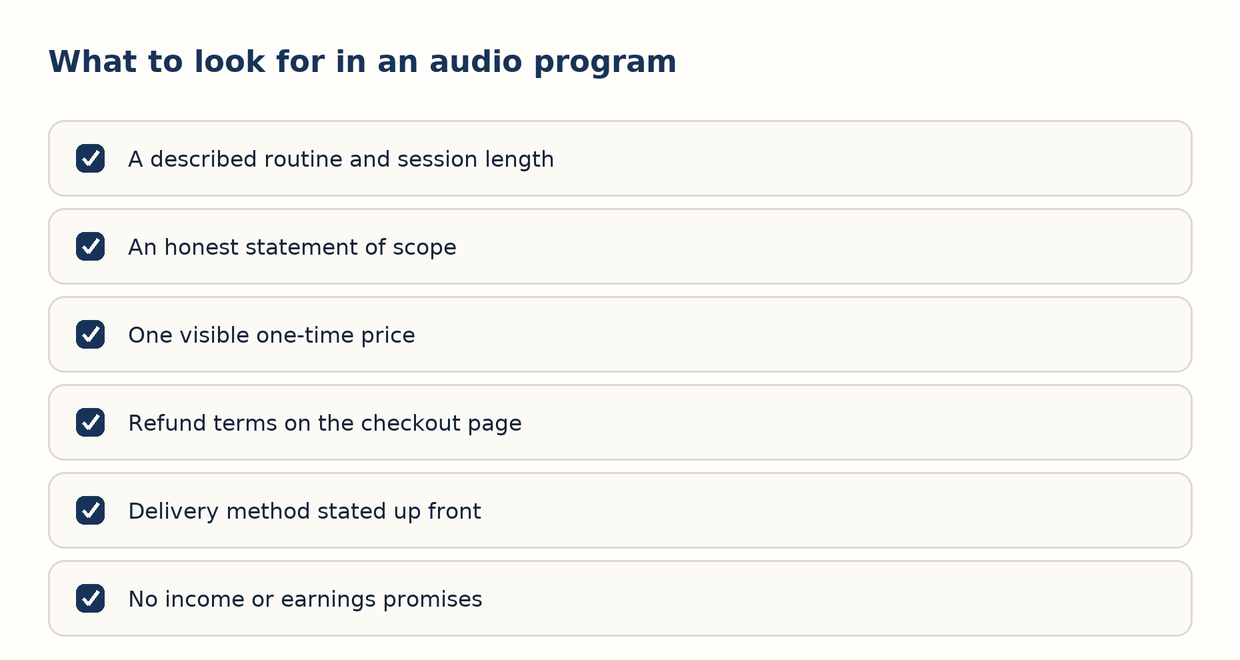 Checklist of what to look for in any audio program: stated routine, honest scope, one visible price, refund terms, delivery method, no income promises