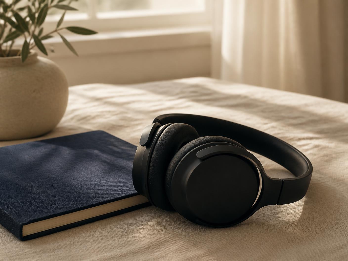 Headphones resting beside a notebook on a linen surface in morning light