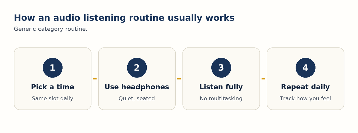 Four-step diagram of a daily audio listening routine: pick a time, use headphones, listen fully, repeat daily